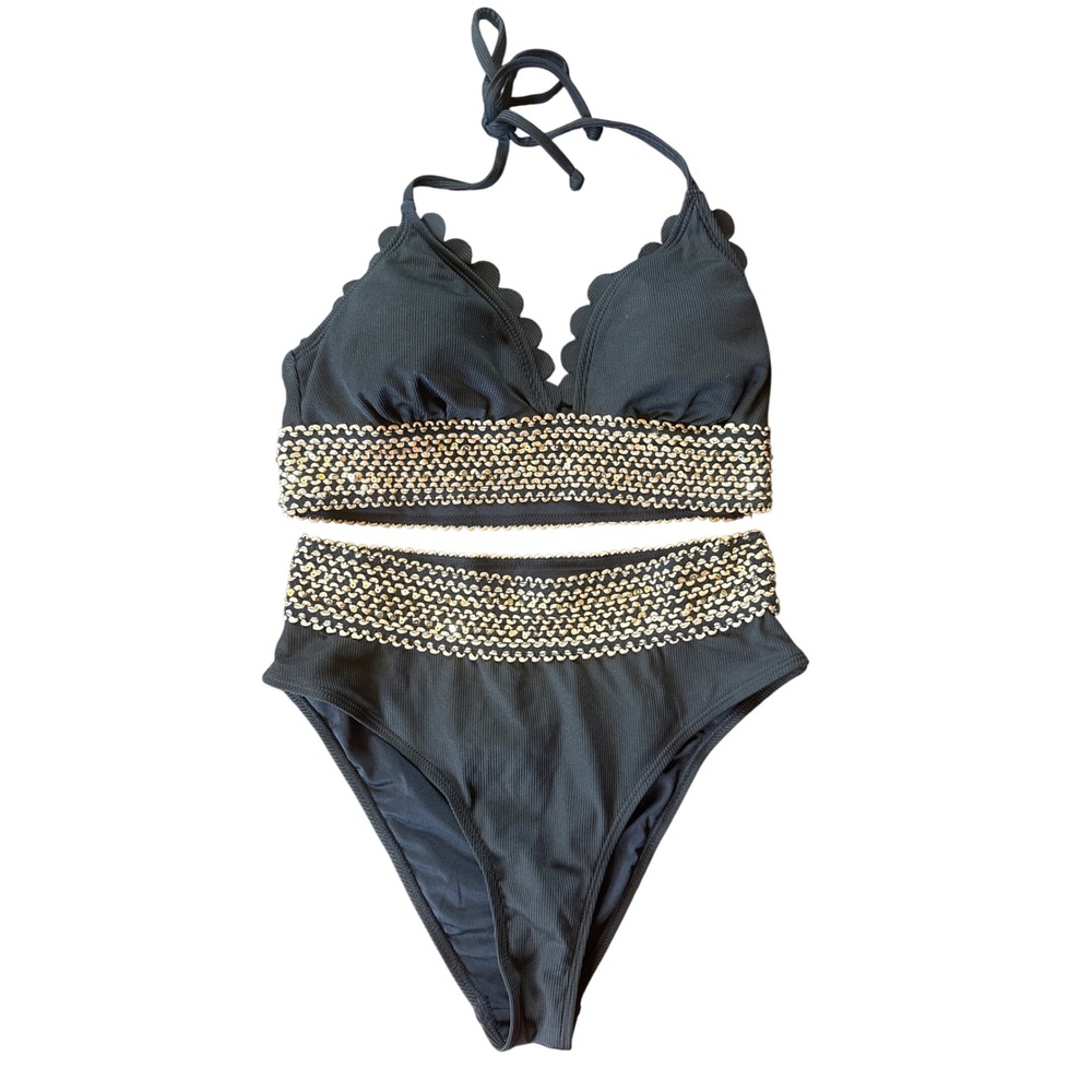 Cupshe Bikini Set Women Medium Black Gold Sequin Scalloped High Waist NWT